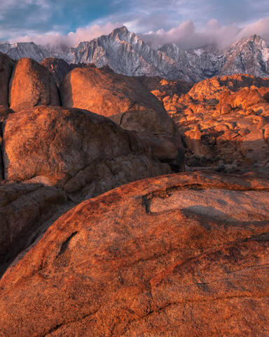Granite mounds and the Eastern Sierra at sunrise.