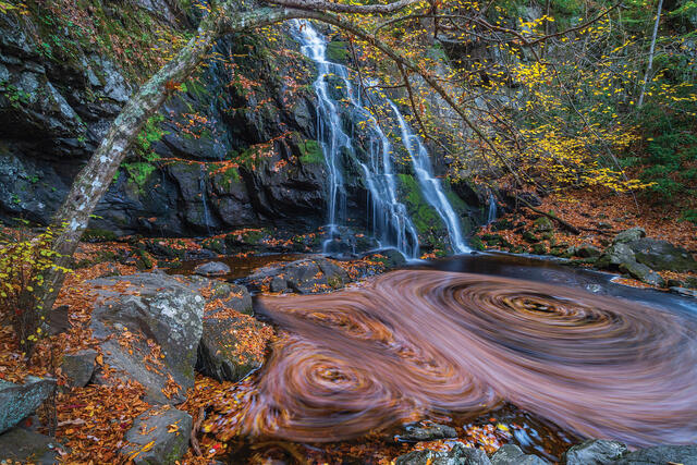 Fine art landscape photograph of autumn waterfall and swirling pool in the Great Smoky Mountains by Joseph Rossbach, available as a limited edition archival pri