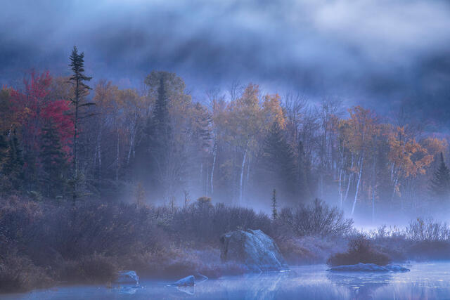 Fine art landscape photograph of foggy autumn pond and forest in northern Vermont by Joseph Rossbach, available as a limited edition archival print.
