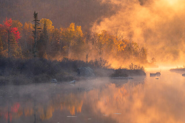 Fine art landscape photograph of sunrise, fog, and autumn color in northern Vermont by Joseph Rossbach, available as a limited edition archival print.
