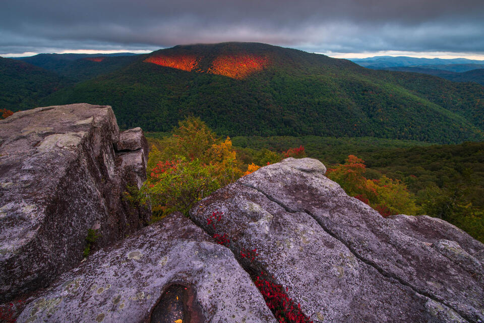 A dramatic sunset from Table rock, a remote vista, in the Monongahela National Forest of West Virginia. 