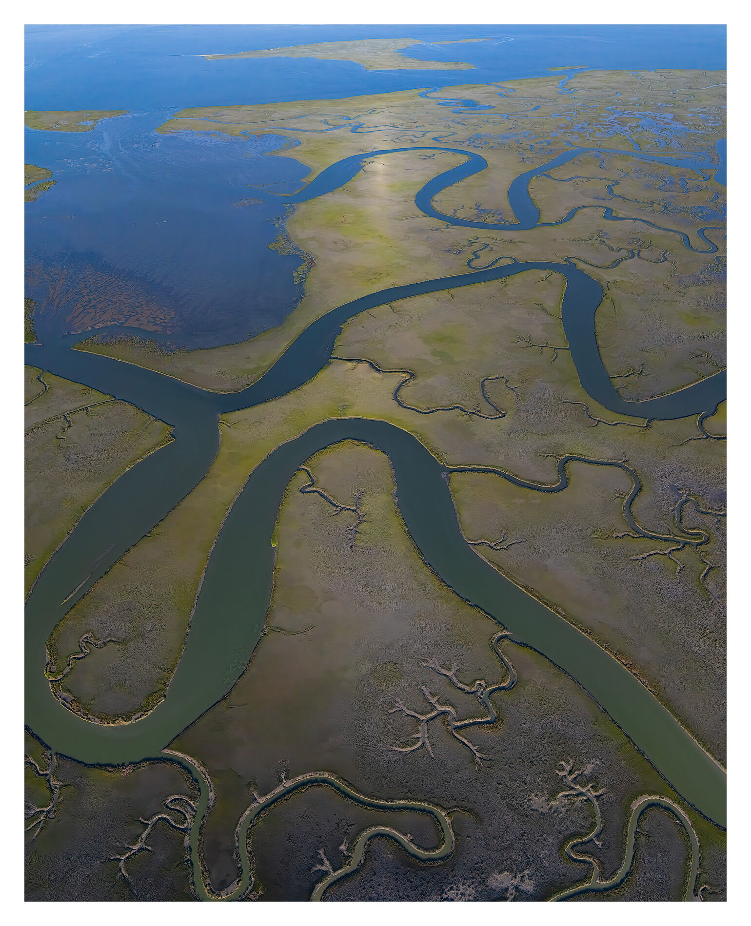 A sweeping view of tidal rivers winding endlessly toward the horizon, echoing the timeless movement of water across the coastal...
