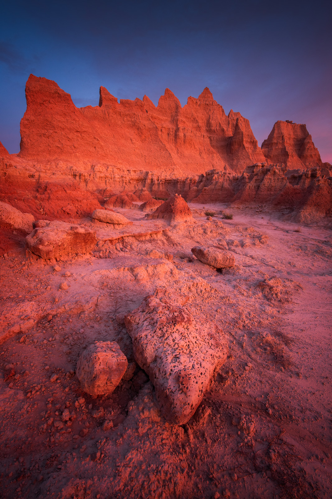 Morning light on the towers of Badlands National Park.