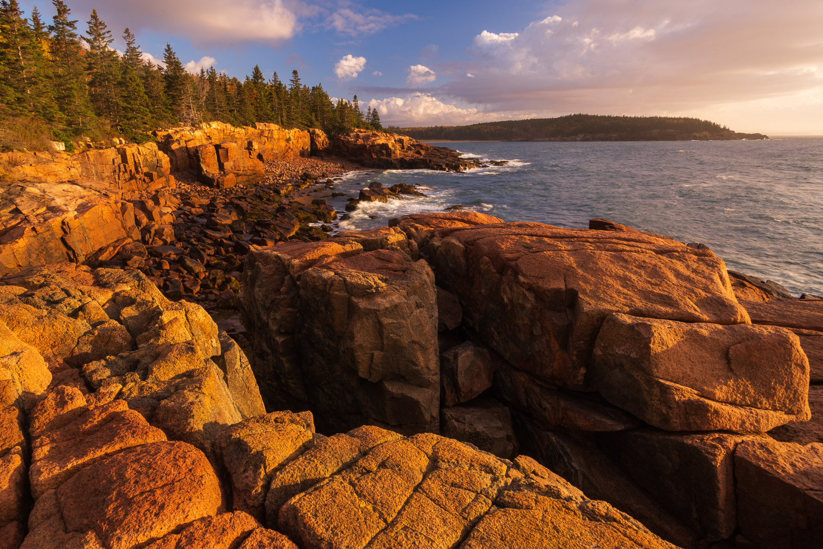Sunrise along Acadia Nationa Parks rugged granite coastline.