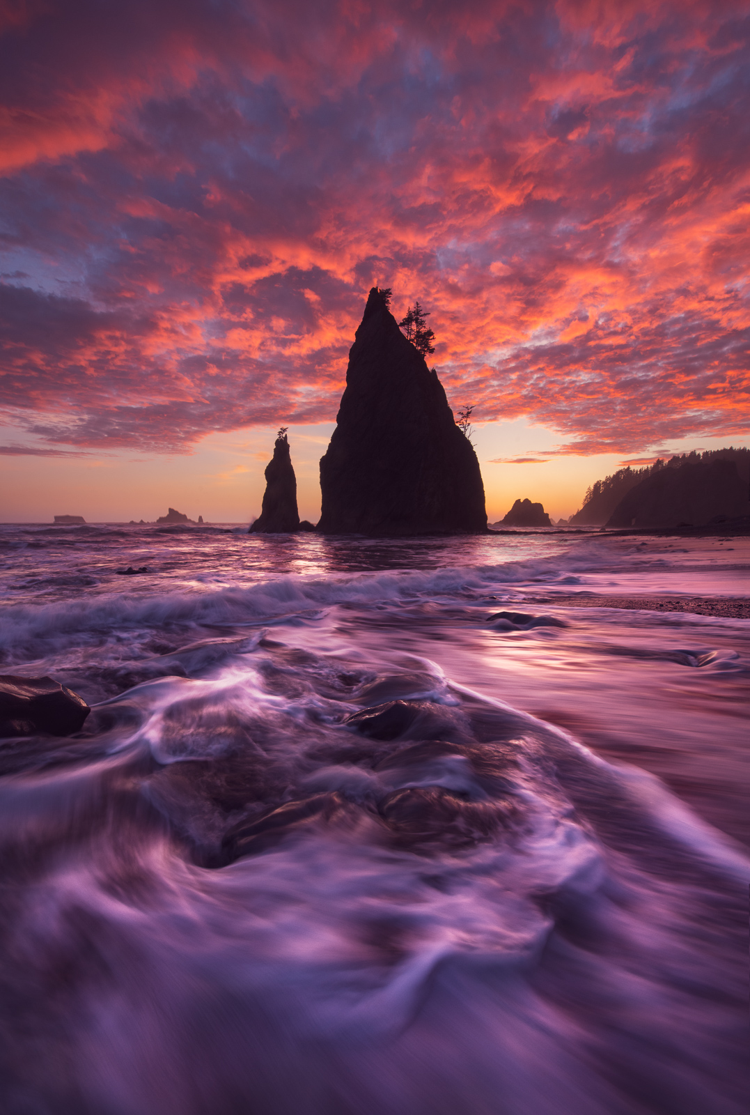 A dramatic and colorful sunset at Rialto Beach.
