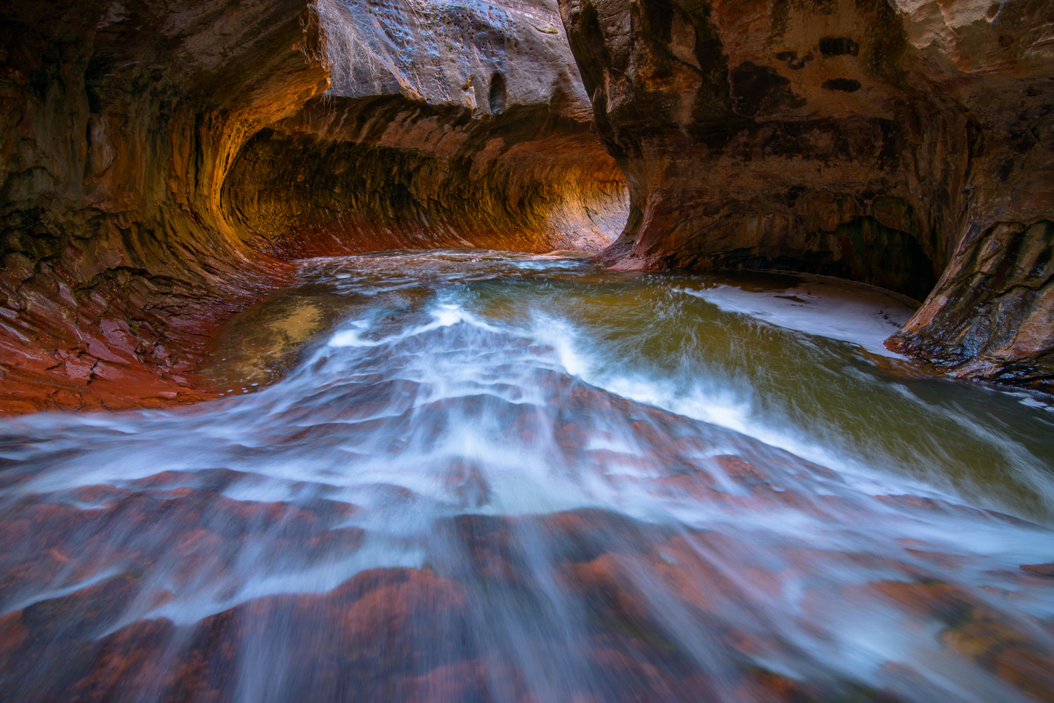 Spring flow in the Subway (slot canyon) along Left Fork of North Creek deep in the backcountry of Zion National Park, Utah.
